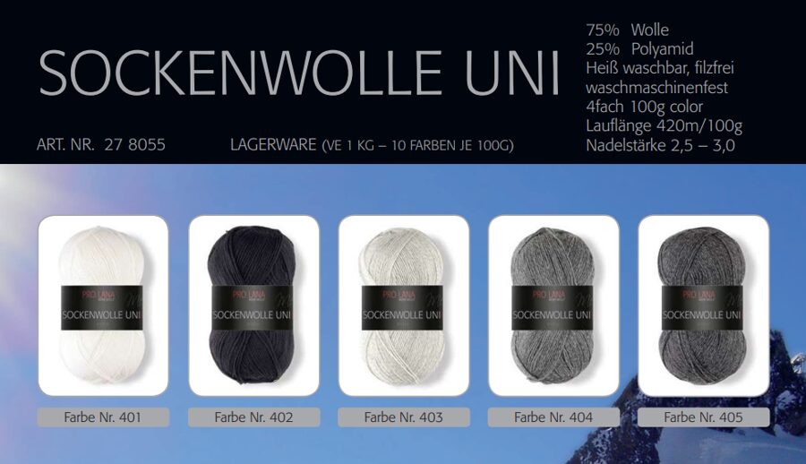 PRO LANA Sockenwolle Uni 75%vilna, 25%poliamīds